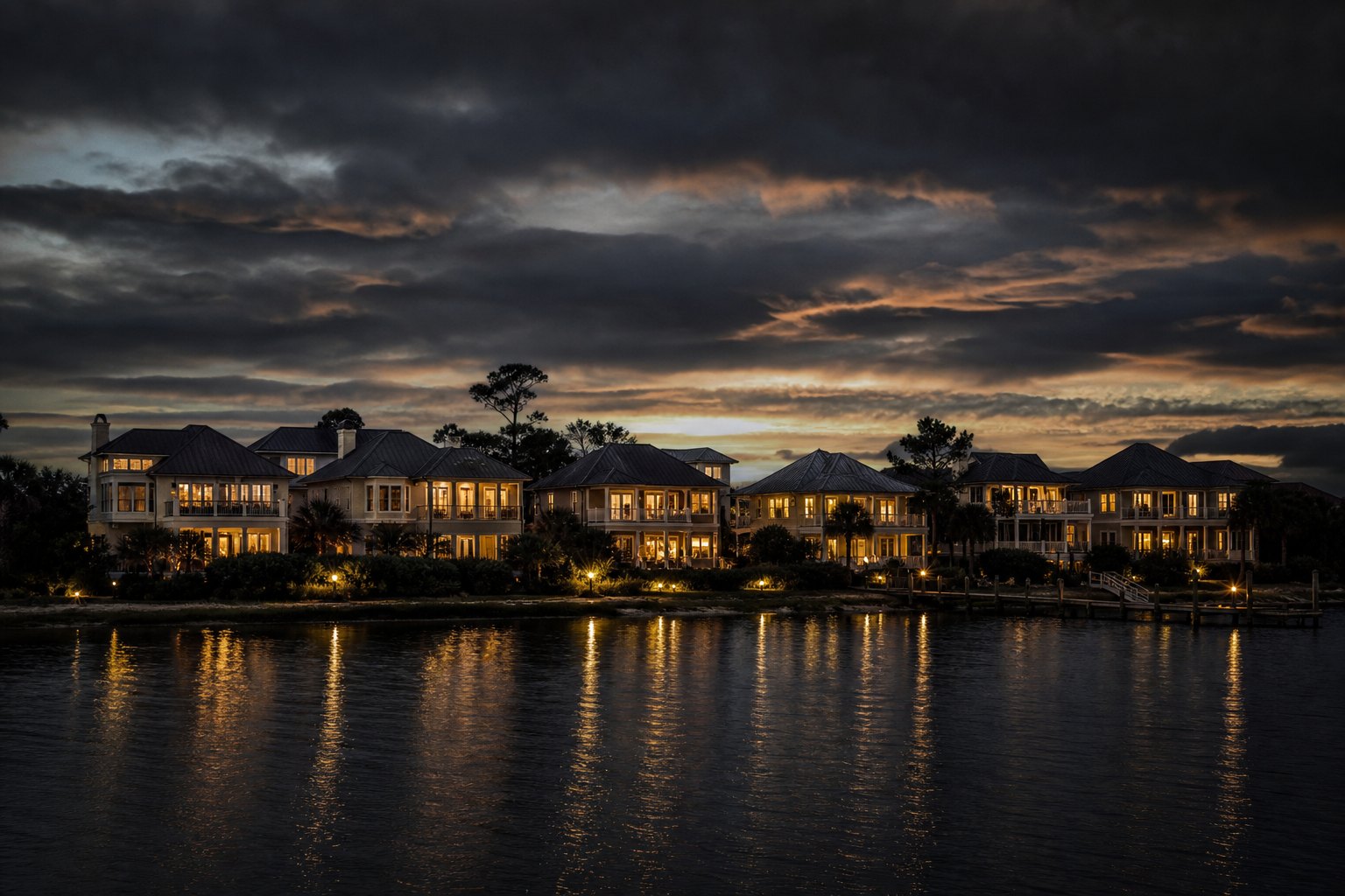 Coastal homes at dusk